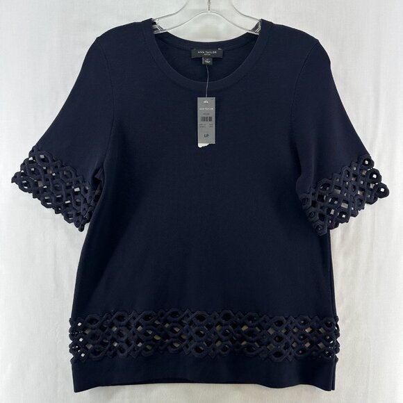 Ann Taylor Top and Skirt Set Womens LP Laser Cut Trim Stretchy Knitted Navy Blue - Picture 2 of 16